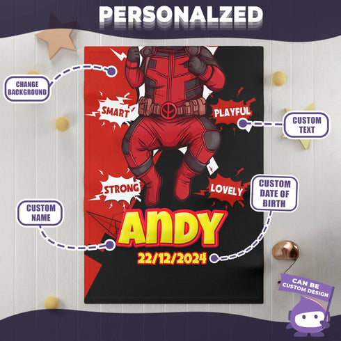Personalized Baby Superhero Blanket – Custom Name & Birthdate | Funny Red Hero Style